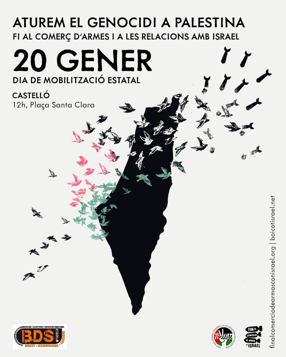 NoMatCCastello's tweet photo. 🚫Del colonialisme som contraris🧨

Per això les comarques de Castelló eixim als carrers per exigir la fi del comerç d'armes i les relacions amb l'estat d'Israel

13/01 Nules

14/01 Cinctorres

20/01 Castelló i Borriol

21/01 Morella

🌱La solidaritat és la tendresa dels pobles🇵🇸 https://t.co/kQ4pyyiPTG