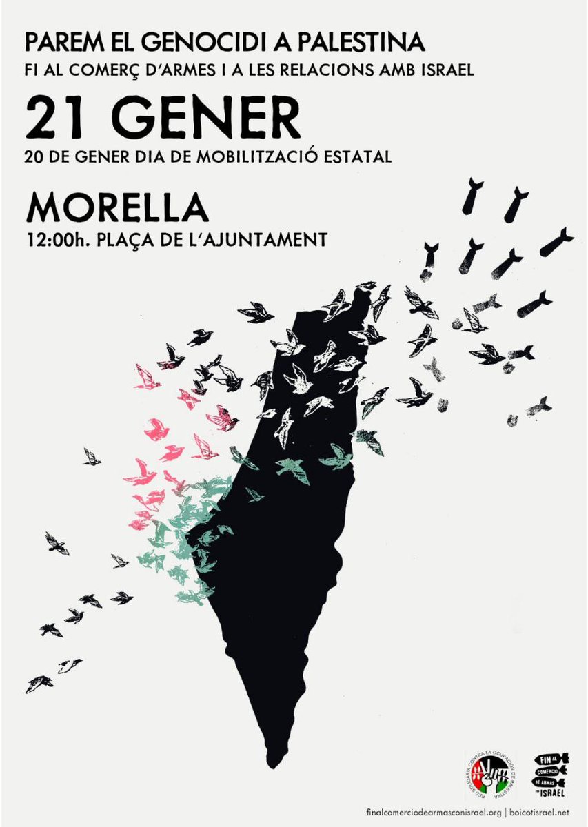 🚫Del colonialisme som contraris🧨

Per això les comarques de Castelló eixim als carrers per exigir la fi del comerç d'armes i les relacions amb l'estat d'Israel

13/01 Nules

14/01 Cinctorres

20/01 Castelló i Borriol

21/01 Morella

🌱La solidaritat és la tendresa dels pobles🇵🇸