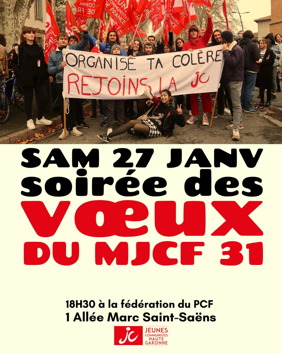 Les Jeunes Communistes de Haute-Garonne vous souhaitent une bonne année 2024 ! 

On se donne rendez-vous samedi 27/01 à 18h30 pour notre soirée des voeux. 👋