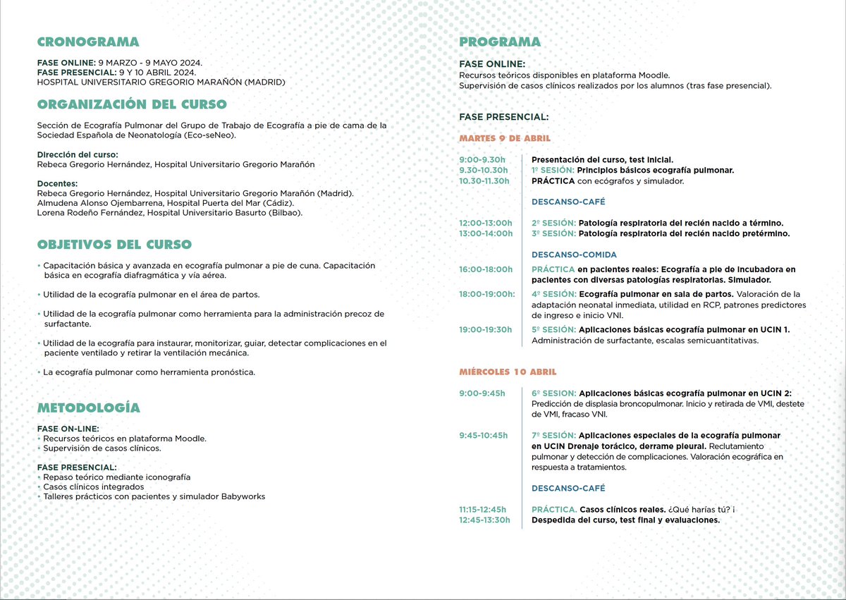 III edición del curso de #ecografía_pulmonar_neonatal organizado por el GT de ecografía neonatal de la @SENeonatologia en Madrid: 9 marzo -9 mayo 2024. Enlace para inscripción: intranet.pacifico-meetings.com/GescoWeb/?cfg=… ❤️ #POCUS in #NICU