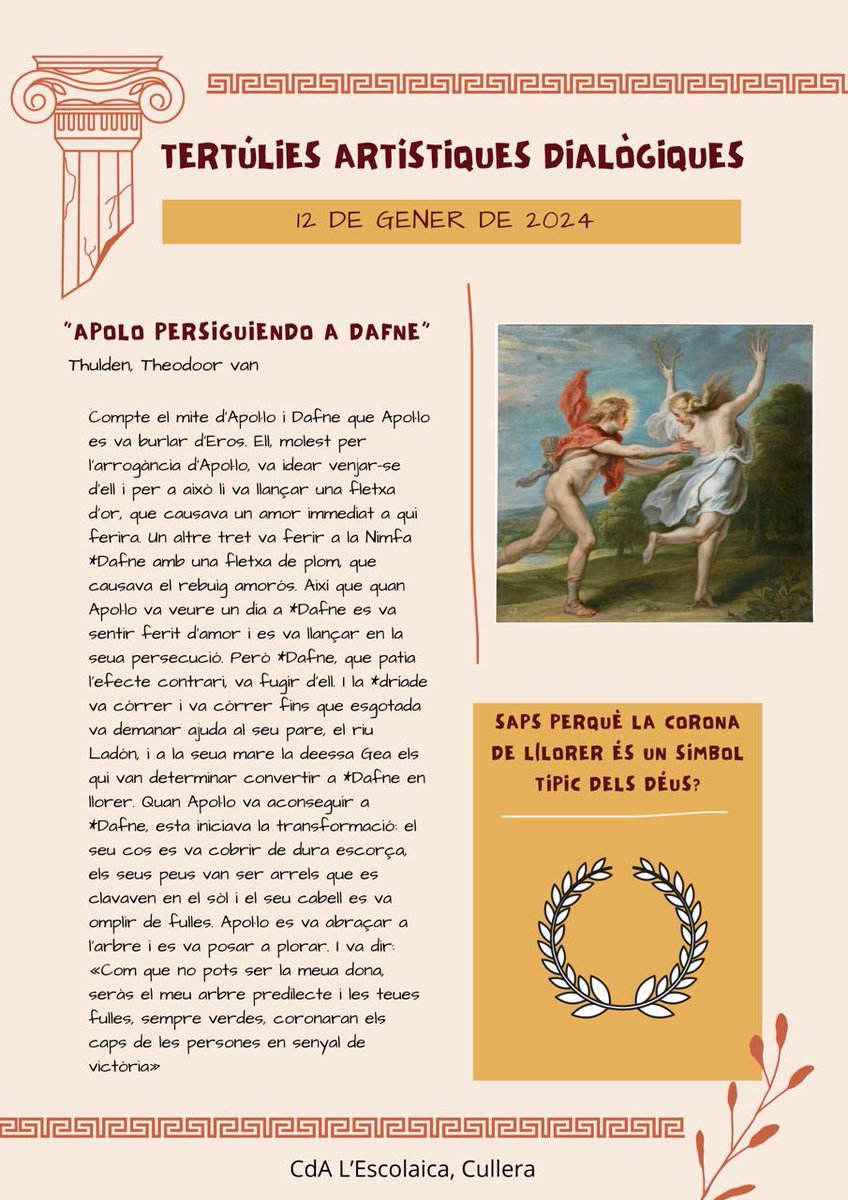Sabeu perquè la corona de llorer és un símbol típic dels déus? 

Comencem un nou trimestre amb nous aprenentatges. Aquests mesos en la BT, farem tertúlies dialògiques inspirades pels MITES GRECS 🏛️😊.

Amb la tertúlia de hui, ho podrem descobrir!