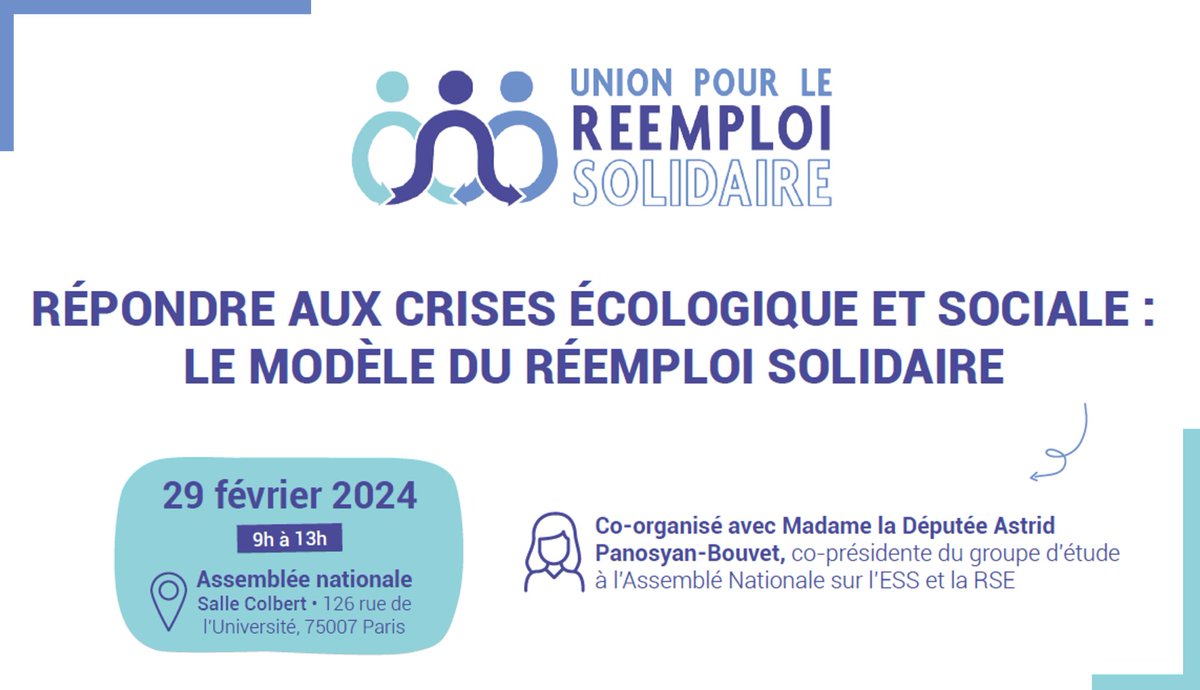 [📅📣 SAVE THE DATE] RDV le 29 février à l'<a href="/AssembleeNat/">Assemblée nationale</a> pour le lancement de l'Union pour le Réemploi Solidaire !
Au programme : présentation de l'#URS &amp; interventions d'expert.e.s. autour de 3 tables rondes.
Inscriptions 👉 server.matchmaking-studio.com/fr/8XZ9Uxx24b/
#RéemploiSolidaire #ESS