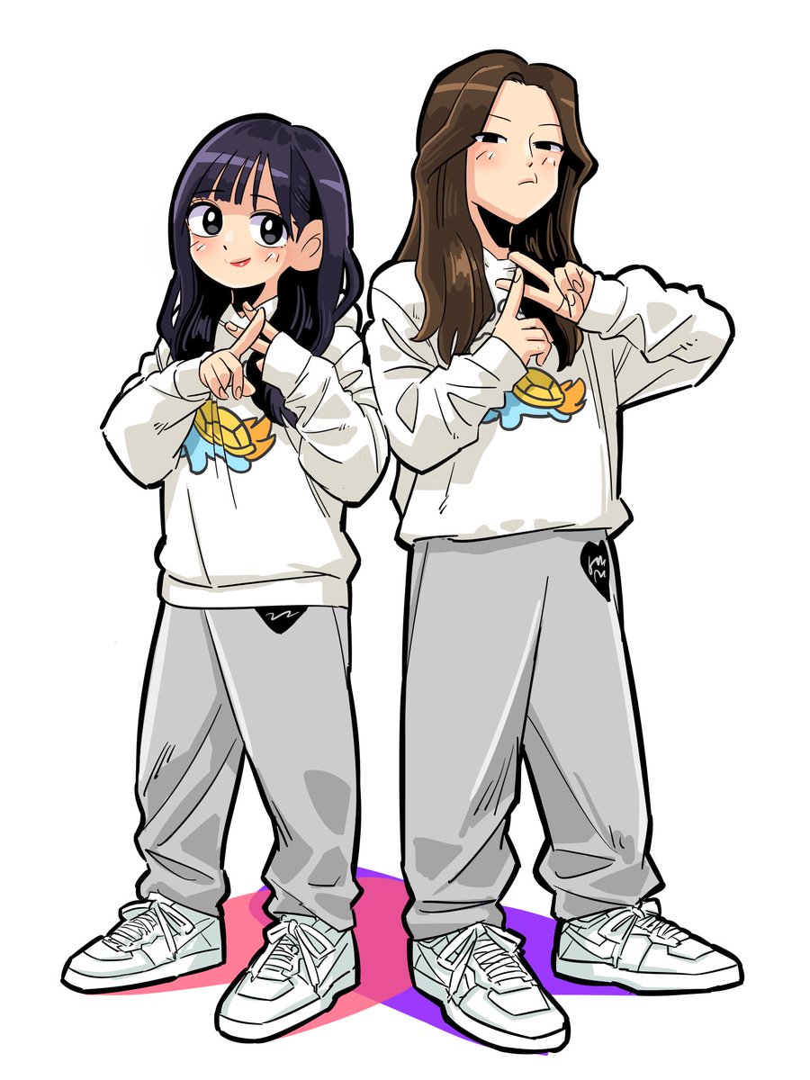 pants brown hair 2girls multiple girls shoes black hair long hair  illustration images