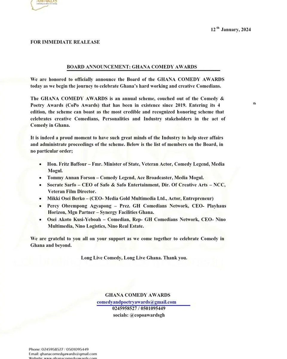 #GhanaComedyAwards Board Announced. We are honored to have these great people on the Board ❤🥂