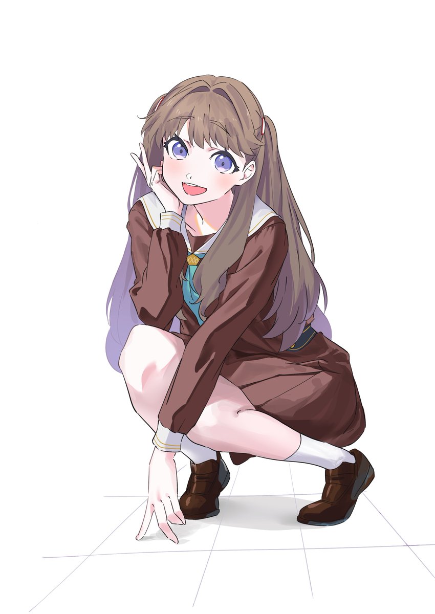 1girl solo long hair squatting school uniform skirt brown hair  illustration images