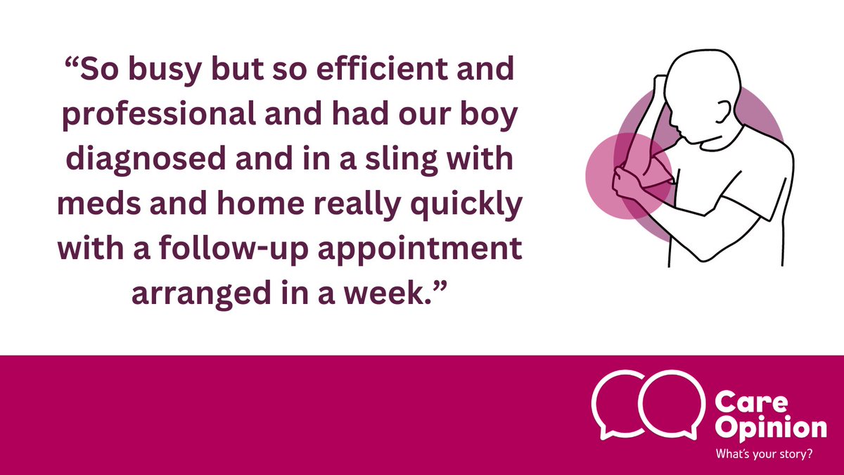 CareOpinionScot's tweet image. This parent is grateful for the 'gold standard care' received at @NHSaaa. After their 11-year-old's bad fall, swift triage, efficient X-ray, and #MinorInjuries staff had him diagnosed, in a sling, and home with meds in no time. #ADOC #AandE
Read the story👇careopinion.org.uk/1152962