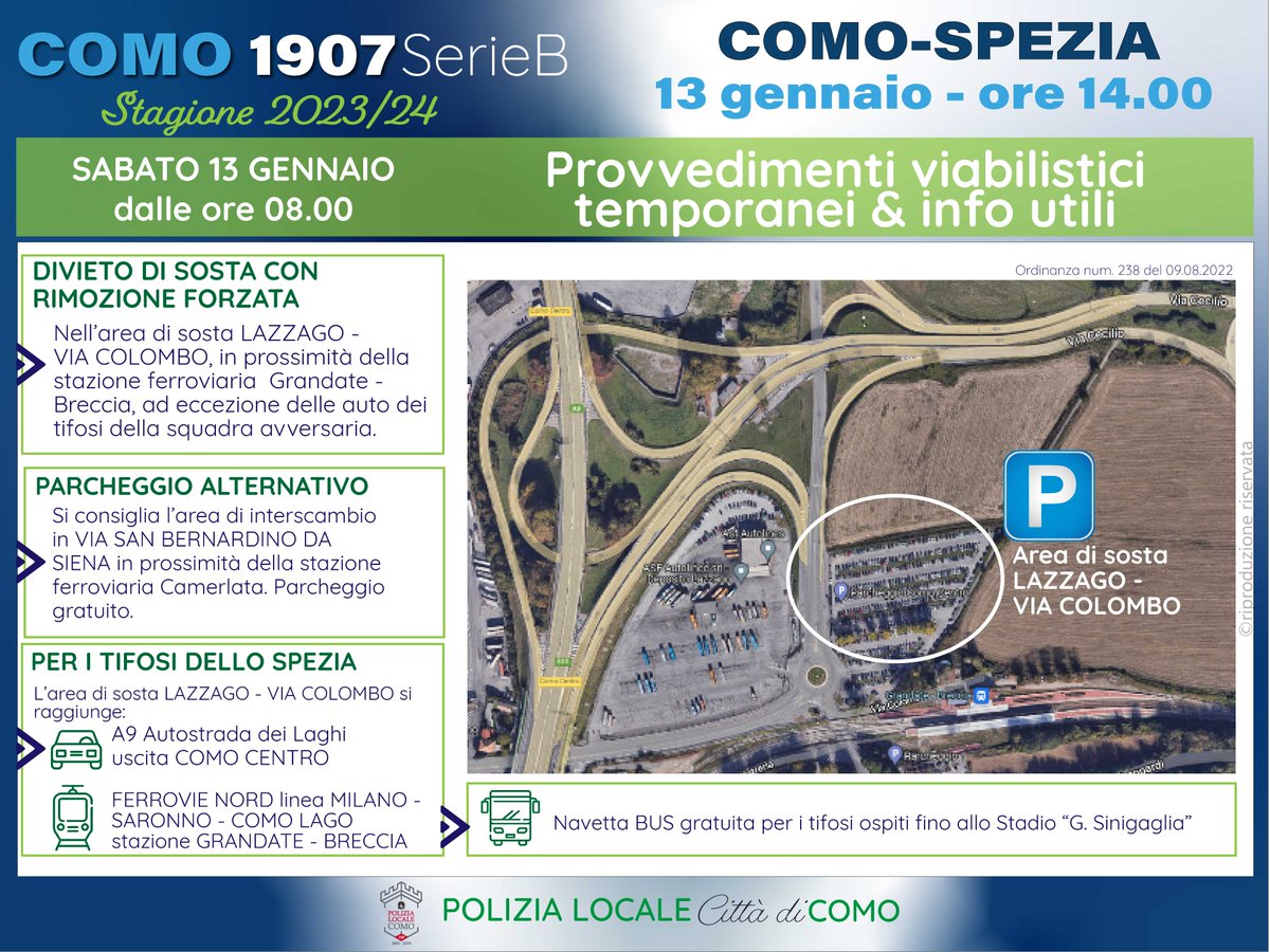 ⚽️⚽️COMO - SPEZIA
13 GENNAIO ORE 14.00

 𝗣𝗿𝗼𝘃𝘃𝗲𝗱𝗶𝗺𝗲𝗻𝘁𝗶 𝘃𝗶𝗮𝗯𝗶𝗹𝗶𝘀𝘁𝗶𝗰𝗶 𝘁𝗲𝗺𝗽𝗼𝗿𝗮𝗻𝗲𝗶 ▶️in vigore dalle ore 08.00 di sabato 13 gennaio 
#CalcioComo #Como #PoliziaLocaleComo