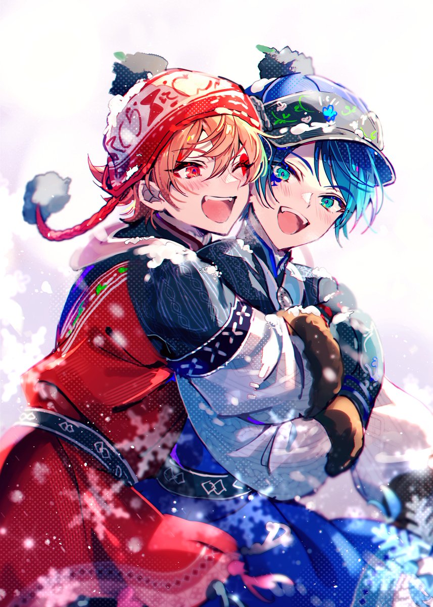 2boys multiple boys male focus hug hug from behind blue hair red eyes  illustration images