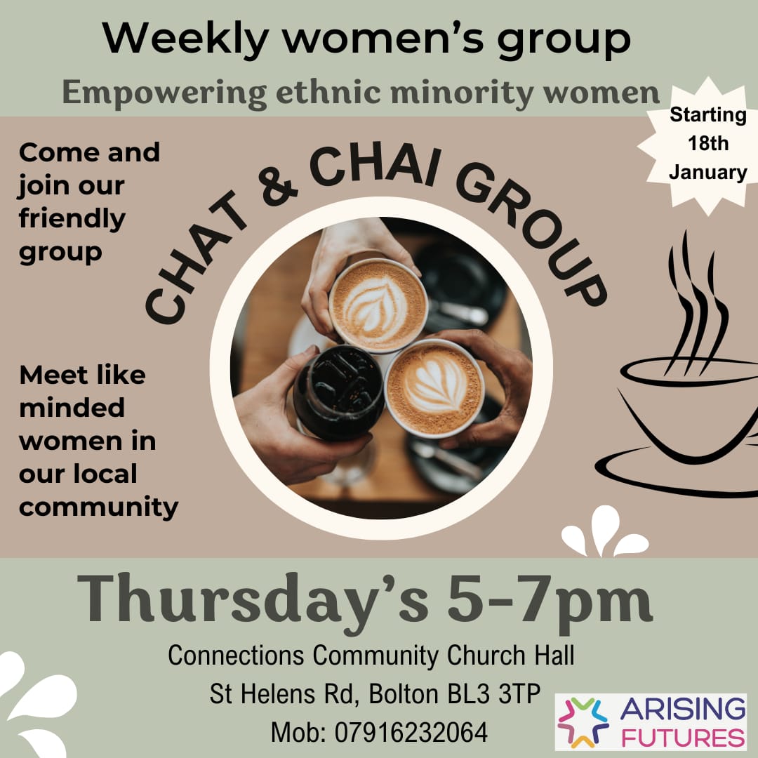 Weekly evening chat and chai group for ethnic minority women in Bolton. 👉 Every Thursday 5-7pm 👉 Meet like minded women 👉 Make new friends #bolton #boltoncvs #Empowerment #southasianwomen