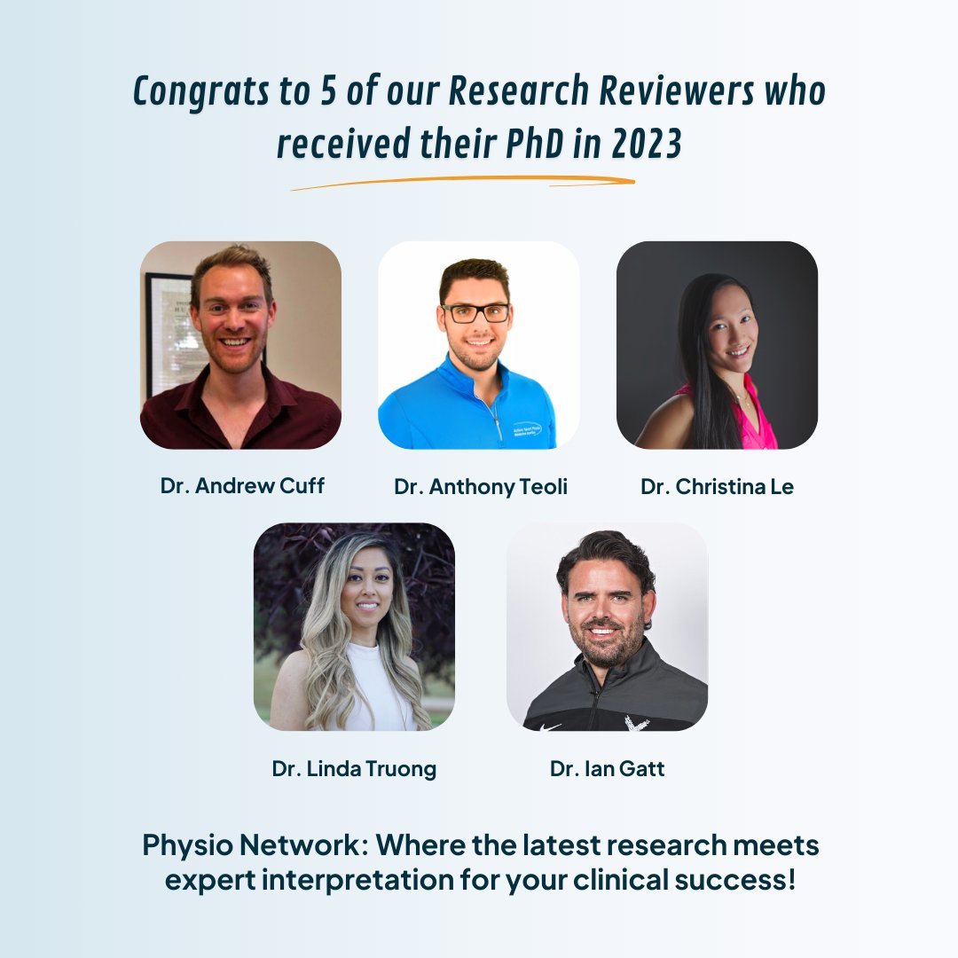 🎉 We want to congratulate some of our exceptional Research Reviewers for receiving their PhDs in the last year!⁠
⁠
🙏 We are honoured that they bring their expertise to Physio Network and without them, we could not bring you the monthly Research Reviews!⁠
⁠
✅ Thanks to