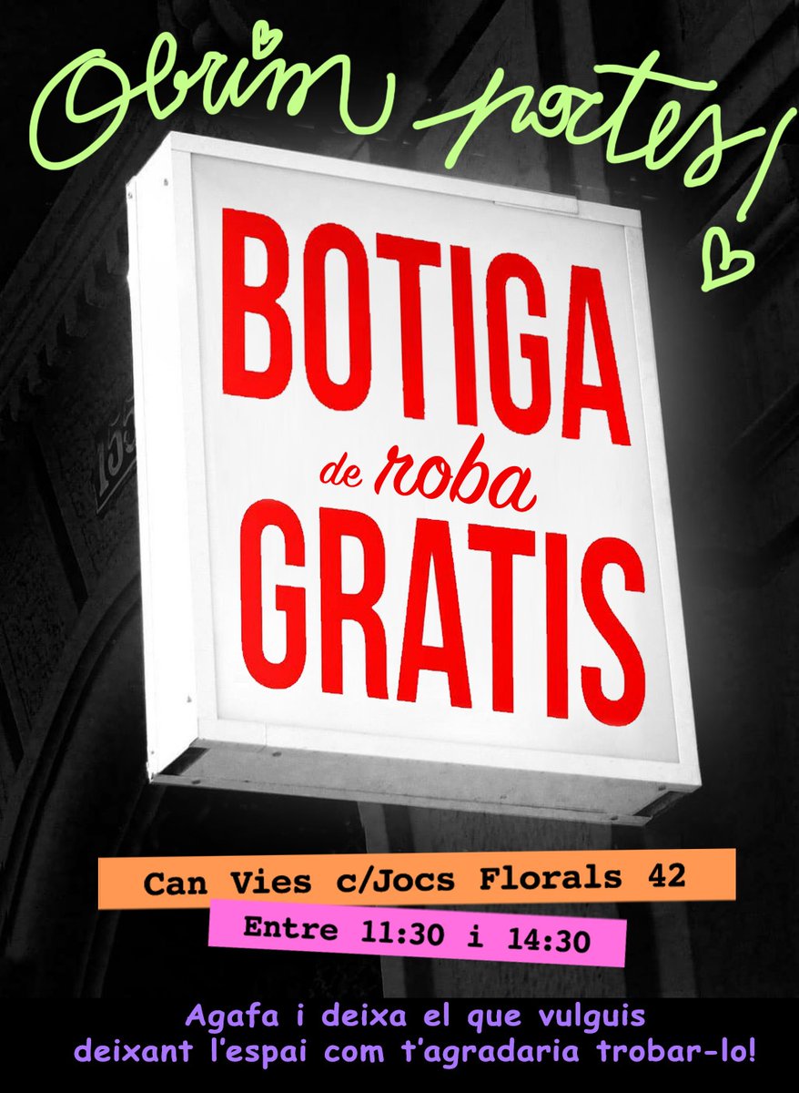 Vestidures's tweet photo. Guardeu la data: Diumenge 21 de gener a Can Vies portes obertes de la Botiga Gratis! ROBA PER A INFANTS, JOVES I ADULTES. Veniu a conèixer el bonic espai autogestionat per la sobirania de la vestimenta!! De 11:30 a 14:30 a c/Jocs Florals 42 @SomCanVies #botigagratis #convocala https://t.co/iyVwJjreM1