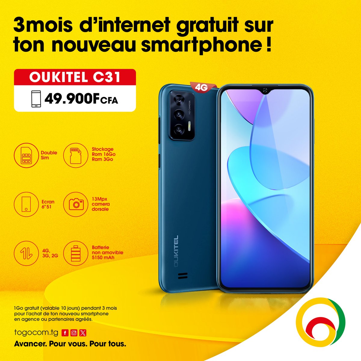 YasTogo's tweet photo. Dรฉcouvre le tout nouveau Smartphone Oukitel C31 avec 3 mois dโinternet gratuit* ! ๐
Vite rendez-vous ร lโagence TOGOCOM la plus proche pour tโoffrir ton nouveau Smartphone Oukitel C31 ร un prix abordable de 49 900F. ๐
#PromoDevice #Togocom #4G #PromoDevice #OukitelC31 https://t.co/71F3U01UOO