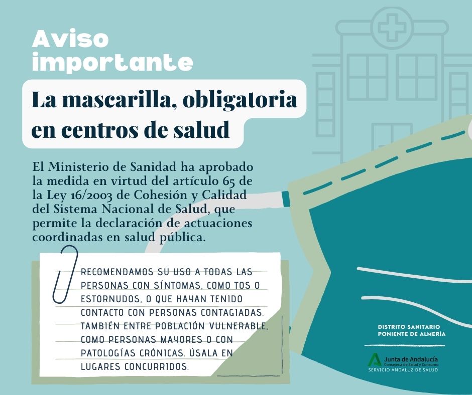 dponiente's tweet photo. 😷 El uso de la mascarilla en los centros de salud es de obligado cumplimiento. 
ℹ️ Te recomendamos su uso en lugares concurridos como medida de protección, especialmente entre los mayores y las personas con patologías crónicas. Úsala si presentas síntomas. @saludand https://t.co/It6n2tQwxO