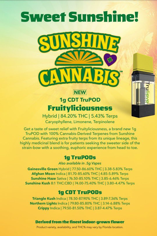 SunshineCannab2's tweet photo. #Goodmorning it’s finally #FridayMorning & #SunshineCannabis has a brand new #Trupod strain for the #SunshineFam & #Trulievers ☀️💚✨ Wonderful fruity blend of #MangoG13 , #BananaMac , and #RedAppleFritterz 🚨🏆🫡 Don’t miss your chance to try this amazing product‼️ #Trulieve https://t.co/51P0fYhEpy