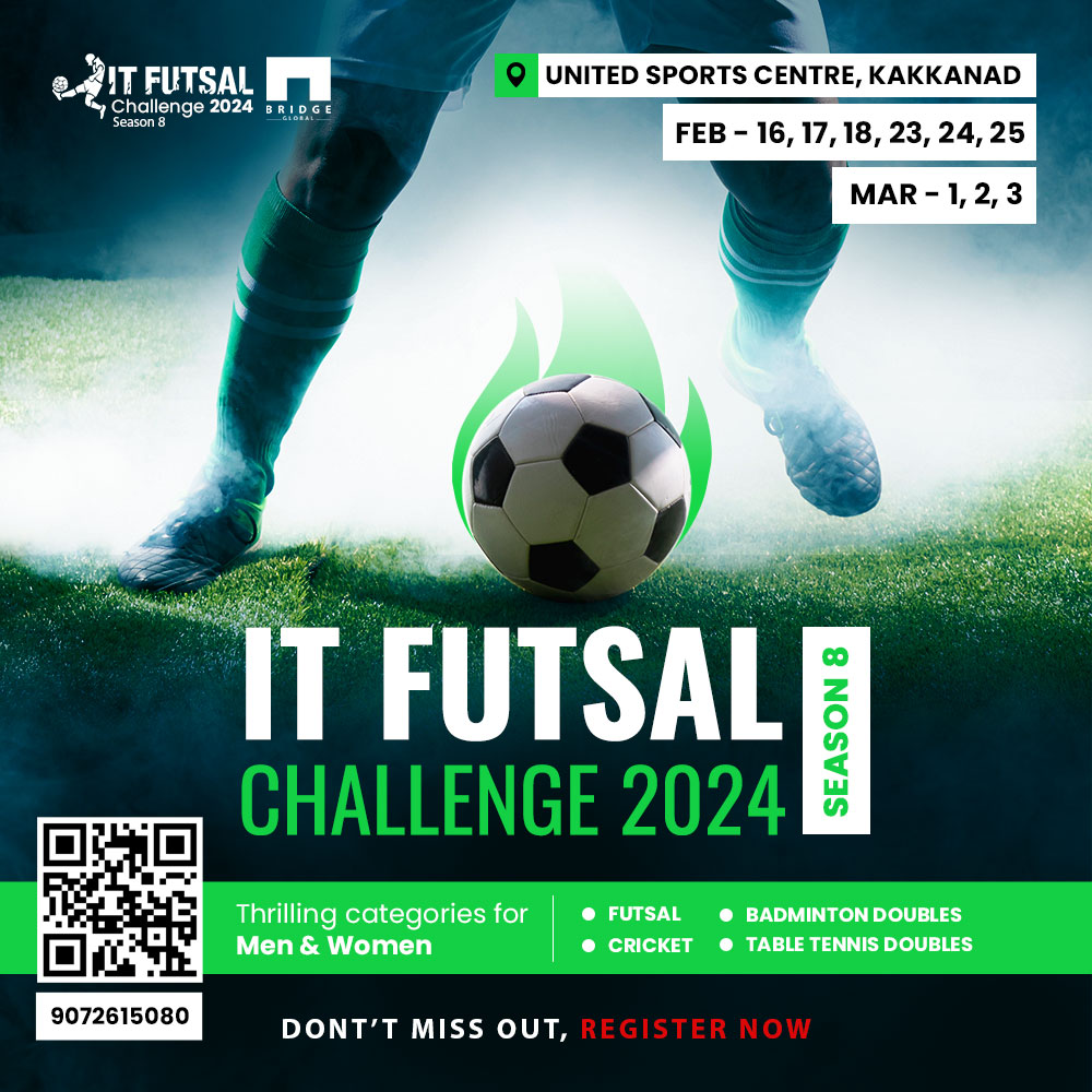 ItFutsal's tweet photo. Elevate the spirit of competition as your techie teams vie for the coveted Season 8 championship in the spectacular #ITFutsalChallenge2024! Secure your spot now by registering your team at https://t.co/URlySVShCR!

#futsal2024 #ITFutsalChallenge  #techiesevent #BridgeGlobal https://t.co/KnMOJx1AP6