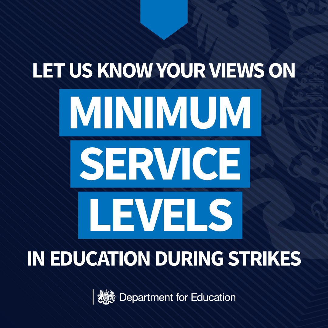 educationgovuk's tweet image. We’re looking for responses to a consultation on the introduction of minimum service levels in education.
  
This will help us take the best approach to strikes and protect pupils from the damaging impact of strikes.

Take part now ⬇️

ow.ly/X8St50QpWfA