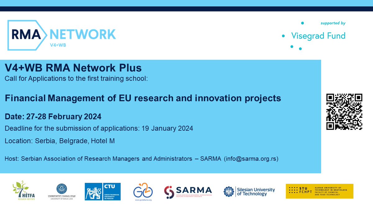 GO2Albania's tweet photo. 📢Call for Applications: @v4_rma Network Plus 1st #TrainingSchool
Financial Management of EU research &amp; innovation projects
📅27-28 Feb 2024
📍 Belgrade, Serbia
Host: Serbian Association of Research Managers and Administrators
🕙Deadline 19 Jan 2024
Apply: https://t.co/oy2Q88fIpg https://t.co/oAZqrZQQqa