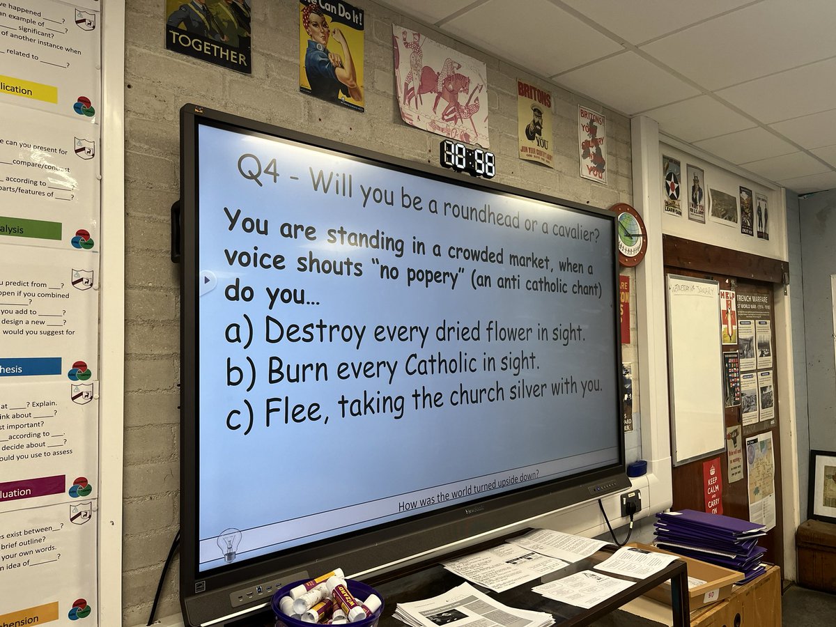 HistoryBowsh's tweet photo. The questions we all need to ask ourselves every now and then - part of a quiz my Y8s did to decide if they were Cavaliers or Roundheads (made by the brilliant Miss Piper). Right up @James1940 strasse, and @TheRestHistory @holland_tom @dcsandbrook no doubt https://t.co/lrKRRmOsuA