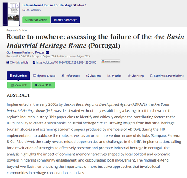 PozzerGui's tweet photo. Delighted to share the publication of my latest article in the International Journal of Heritage Studies. 📚 It examines challenges and opportunities in industrial heritage tourism in Portugal.🏭
#HeritageStudies #IndustrialHeritage #IndustrialTourism https://t.co/J4Ys5yWKX8