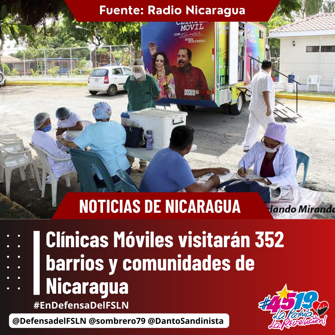 #Nicaragua Durante la semana, atenderemos a 37,623 Familias con Clínicas Móviles en 352 barrios y comunidades del País. #4519LaPatriaLaRevolución #MásVictoriasMásBienestar #SomosUNCSM #SomosUNAN #13DeJulio #TropaSandinista seguimos #EnDefensaDelFSLN ✌️🔴⚫✊