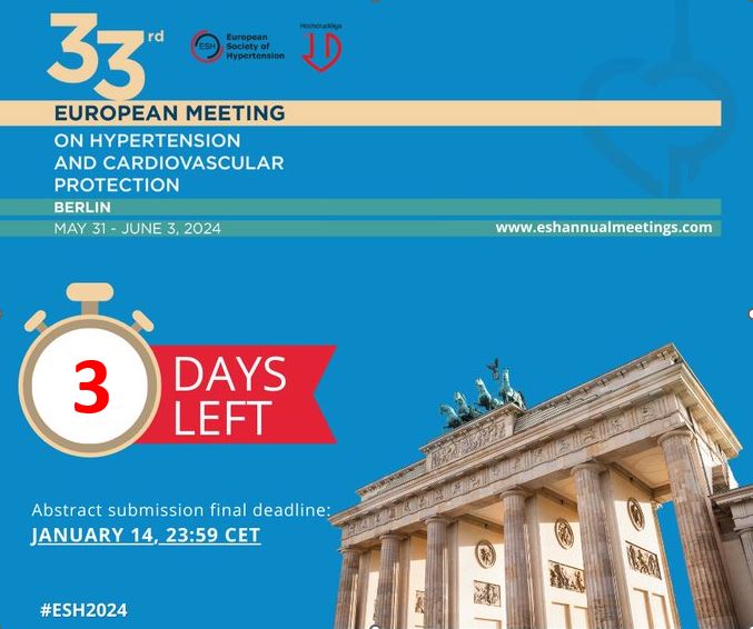 URGENT: The deadline for submitting your abstract for the upcoming #ESH2024 ends on Jan 14, 2024 at midnight CET. Use this chance and share your research with colleagues from all around the world: bit.ly/3NXZ3a8 @KreutzReinhold @ESH_Annual