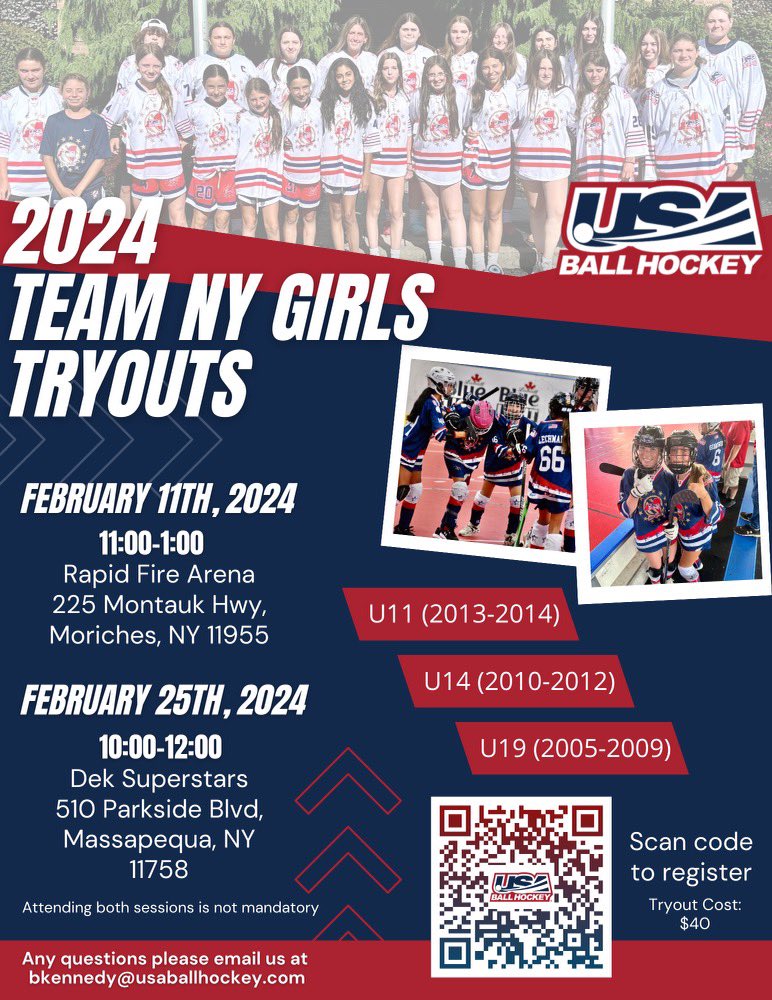 🇺🇸START SPREADING THE NEWS ABOUT RHE GIRLS OF NEW YORK 🇺🇸 ⭐️⭐️ANNOUNCING EVALS FOR THE LADIES OF NY⭐️⭐️ Scan the barcode or click the link below to register for your chance at representing the Empire State: linktr.ee/usabh #myfuturestar2024 #usaballhockey #evals #ny