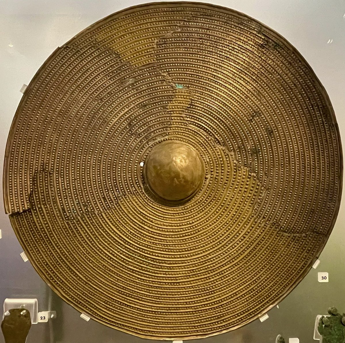 The Tribley Shield - found at Broomyholme, near Chester-le-Street in County Durham. Dating to the Bronze Age, the shield was broken into three pieces when it was discovered in the 18th century. Now thankfully reunited and on display <a href="/GNM_Hancock/">Great North Museum: Hancock</a> #FindsFriday #BronzeAge 📸 My own