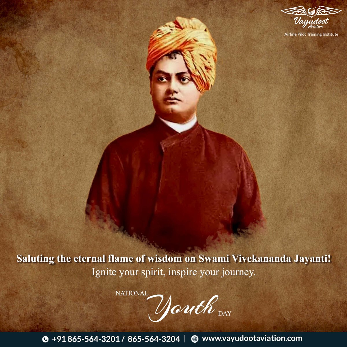 Wishing you a vibrant Swami Vivekananda Jayanti!  May his spirit inspire you to break barriers, conquer challenges, and carve a path filled with purpose and fulfillment. ✨🥇

#Vayudootaviation #VivekanandaJayanti #InspirationUnleashed #Flyhigh #avgeek #pilottraining  #cpl #dcga.