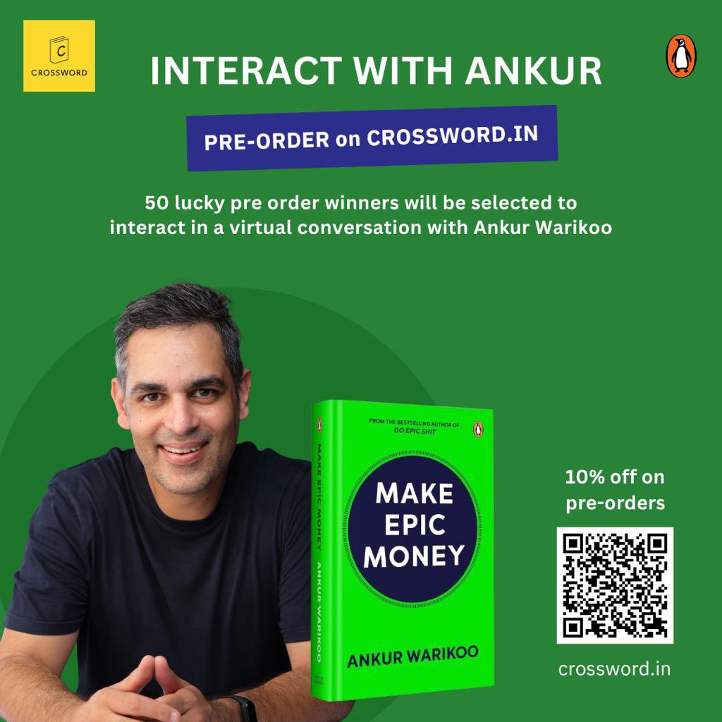 Pre-order ‘Make Epic Money’ at crossword.in for an exclusive virtual chat with @warikoo all about personal finance 🚀 Be among the 50 lucky winners who can deep dive into the complex world of money and get some practical advice.📚✨ crossword.in/products/make-…