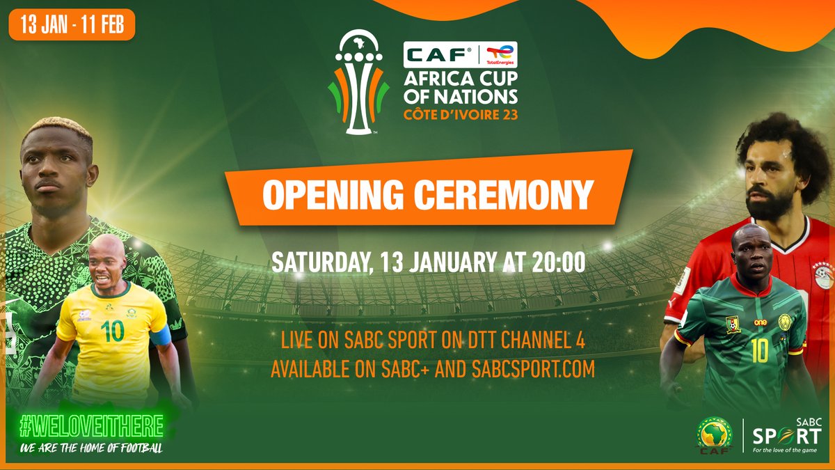 Get ready to witness the spectacular #TotalEnergiesAFCON2023 opening ceremony!

🚨Live
📅Sat, 13 Jan
⏲️20:00
📺SABC Sport
📱SABC+
🌐sabcsport.com

#WeLoveItHere #SABCSportFootball