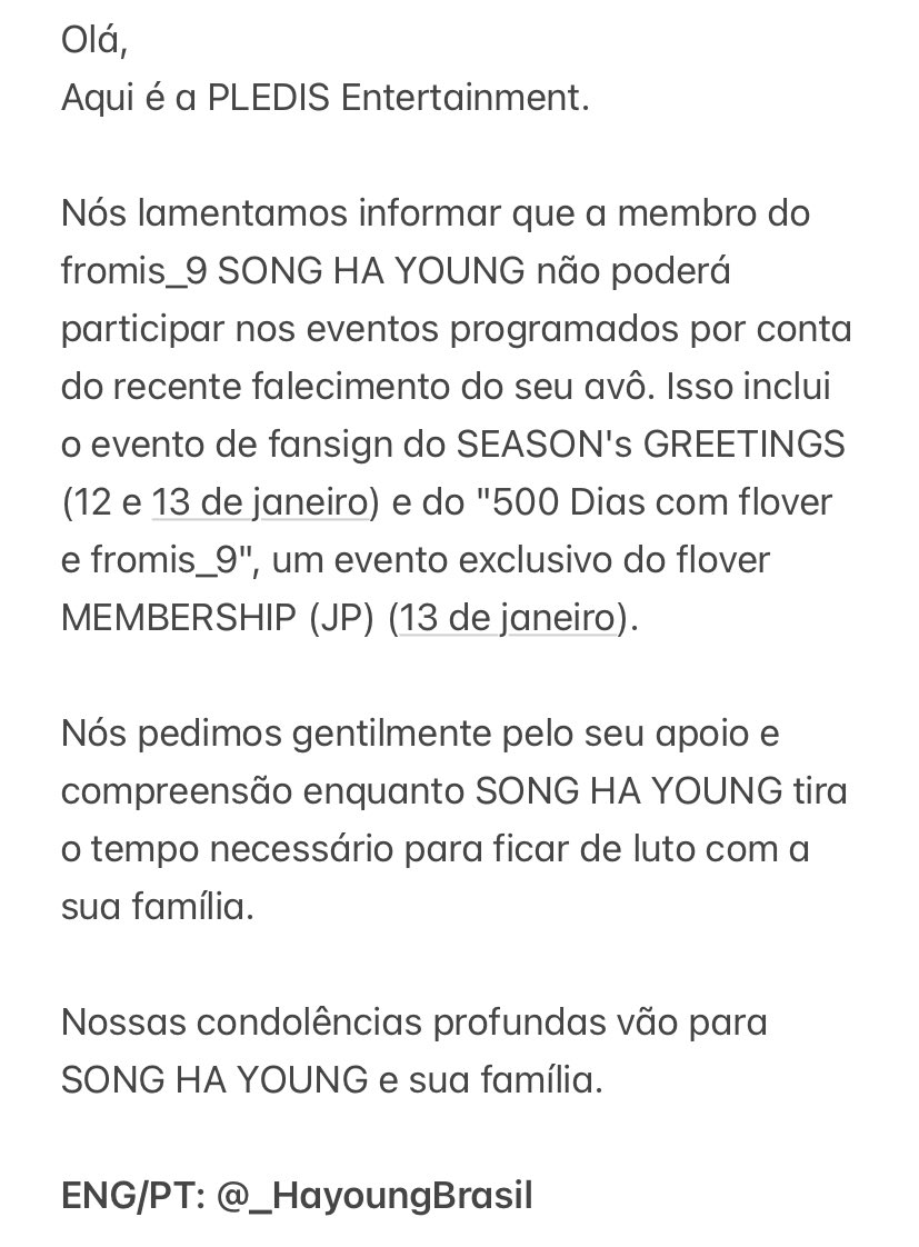 _HayoungBrasil's tweet photo. 📰 | Hayoung não participará de alguns eventos do fromis_9 devido ao falecimento do seu avô. Desejamos nossas condolências a Hayoung e que ela e sua família tenham seus corações confortados. 🤍

#SongHayoung #송하영 #HAYOUNG #하영 
#fromis_9 #프로미스나인 @realfromis_9 https://t.co/ynsSeIGPrw