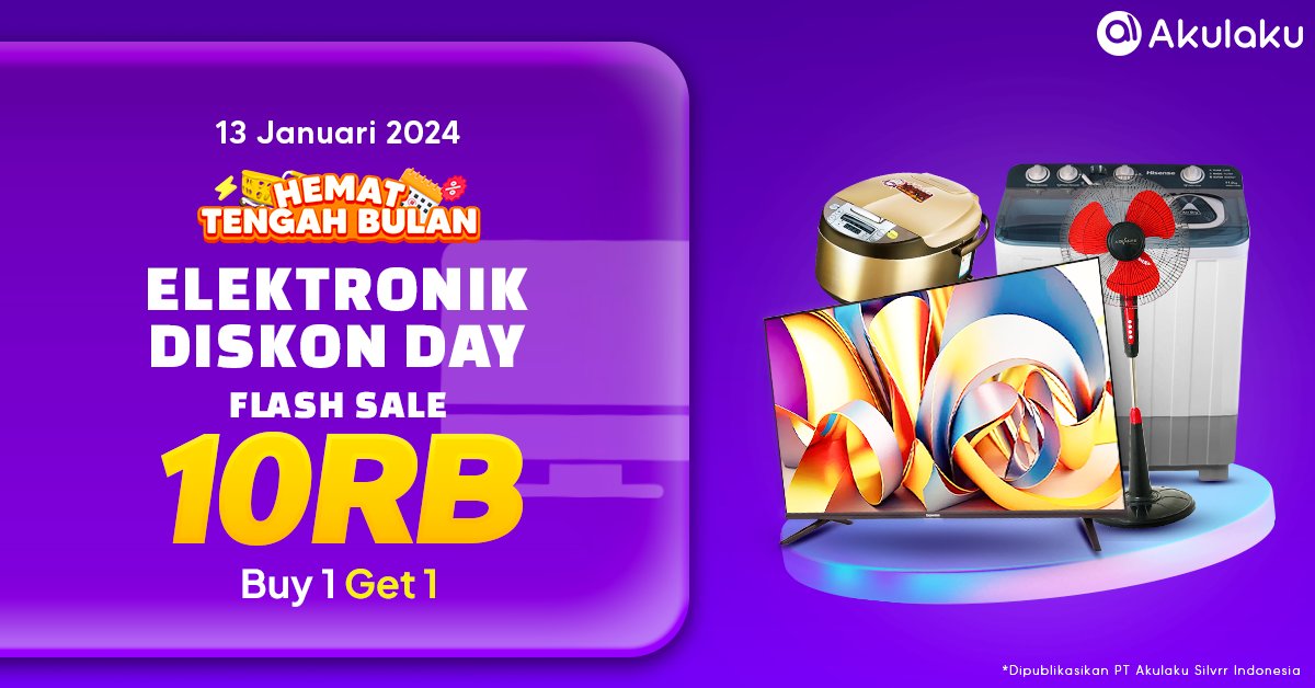 akulakuID's tweet photo. Diborong...Diborong lagi FLASH SALE 10RB AN🛒  

Tap link ini https://t.co/hEA9uiDFcu serbu rice cooker hingga mesin cuci lagi ada BUY 1 GET 1😱🍚  

#GratisProduk #AkulakuIndonesia #PengenApaSemuaBisa #FlashSale #DiskonDay https://t.co/uGVAJk5Pkc