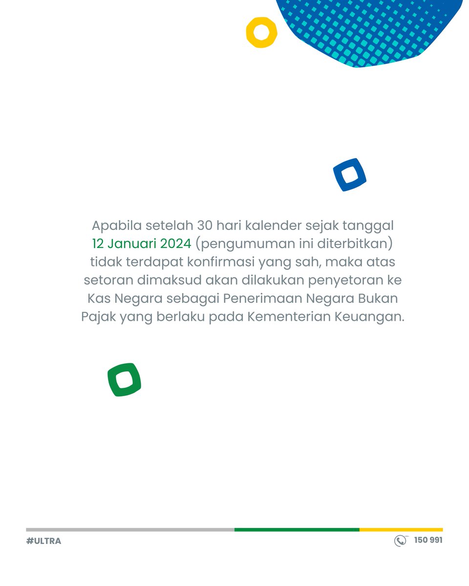 kpknltarakan's tweet photo. Lalu, apabila dalam jangka waktu 30 hari kalender saldo dana mengendap yang tertera dalam pengumuman ini tidak diambil atau dikonfirmasi oleh pihak yang berhak, maka Bendahara Penerimaan akan melakukan penyetoran saldo ke Kas negara.
#saldodanamengendap
#djkn
#kpknltarakan https://t.co/oDpkArRQKq