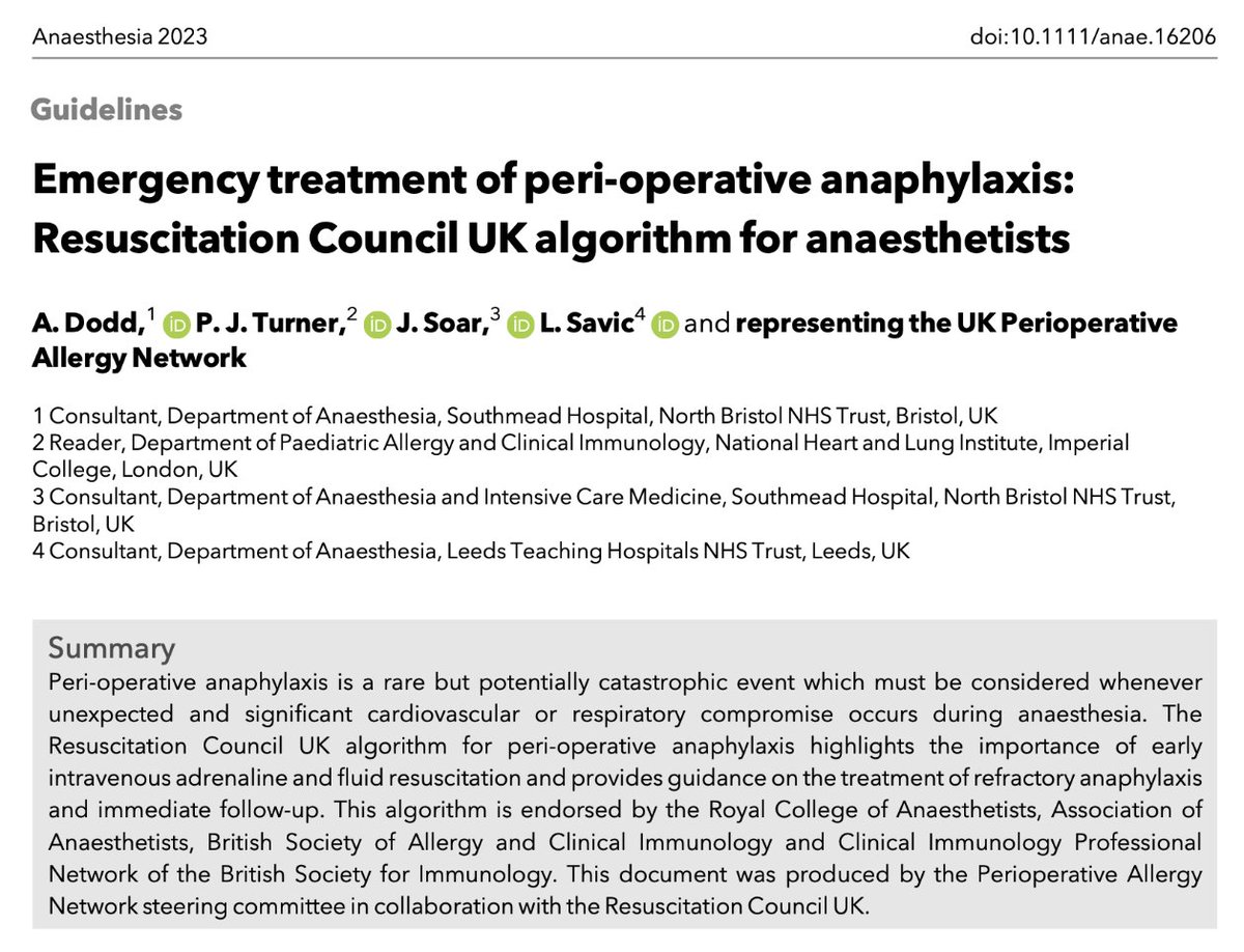 𝘈𝘯𝘢𝘦𝘴𝘵𝘩𝘦𝘴𝘪𝘢 (@anaes_journal) on Twitter photo 🔓Emergency treatment of peri-operative anaphylaxis: Resuscitation Council UK algorithm for anaesthetists👇
<a href="/jas_soar/">Jasmeet Soar</a> @LouiseSavic <a href="/Assoc_Anaes/">Association of Anaesthetists</a> <a href="/RCoANews/">Royal College of Anaesthetists</a> <a href="/BSACI_Allergy/">BSACI</a> <a href="/britsocimm/">British Society for Immunology</a> <a href="/ResusCouncilUK/">Resuscitation Council UK</a>
🔗…-publications.onlinelibrary.wiley.com/doi/10.1111/an… 🔓Emergency treatment of peri-operative anaphylaxis: Resuscitation Council UK algorithm for anaesthetists👇
<a href="/jas_soar/">Jasmeet Soar</a> @LouiseSavic <a href="/Assoc_Anaes/">Association of Anaesthetists</a> <a href="/RCoANews/">Royal College of Anaesthetists</a> <a href="/BSACI_Allergy/">BSACI</a> <a href="/britsocimm/">British Society for Immunology</a> <a href="/ResusCouncilUK/">Resuscitation Council UK</a>
🔗…-publications.onlinelibrary.wiley.com/doi/10.1111/an…