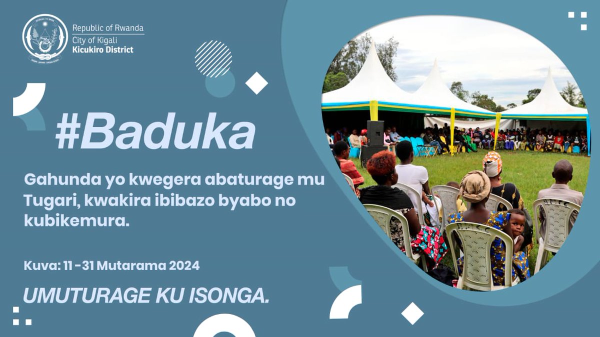 KicukiroDistr's tweet photo. #Baduka
Iyi ni gahunda y'Akarere yatangijwe kuri uyu wa kane tariki 11 Mutarama 2024 ikazamara ukwezi aho abayobozi mu nzego zose z'Akarere barimo gusanga abaturage mu Tugari bakakira ibibazo byabo ndetse bakabikemura, Abaturage turabasaba kujya bitabira. https://t.co/81KjwiVnD2
