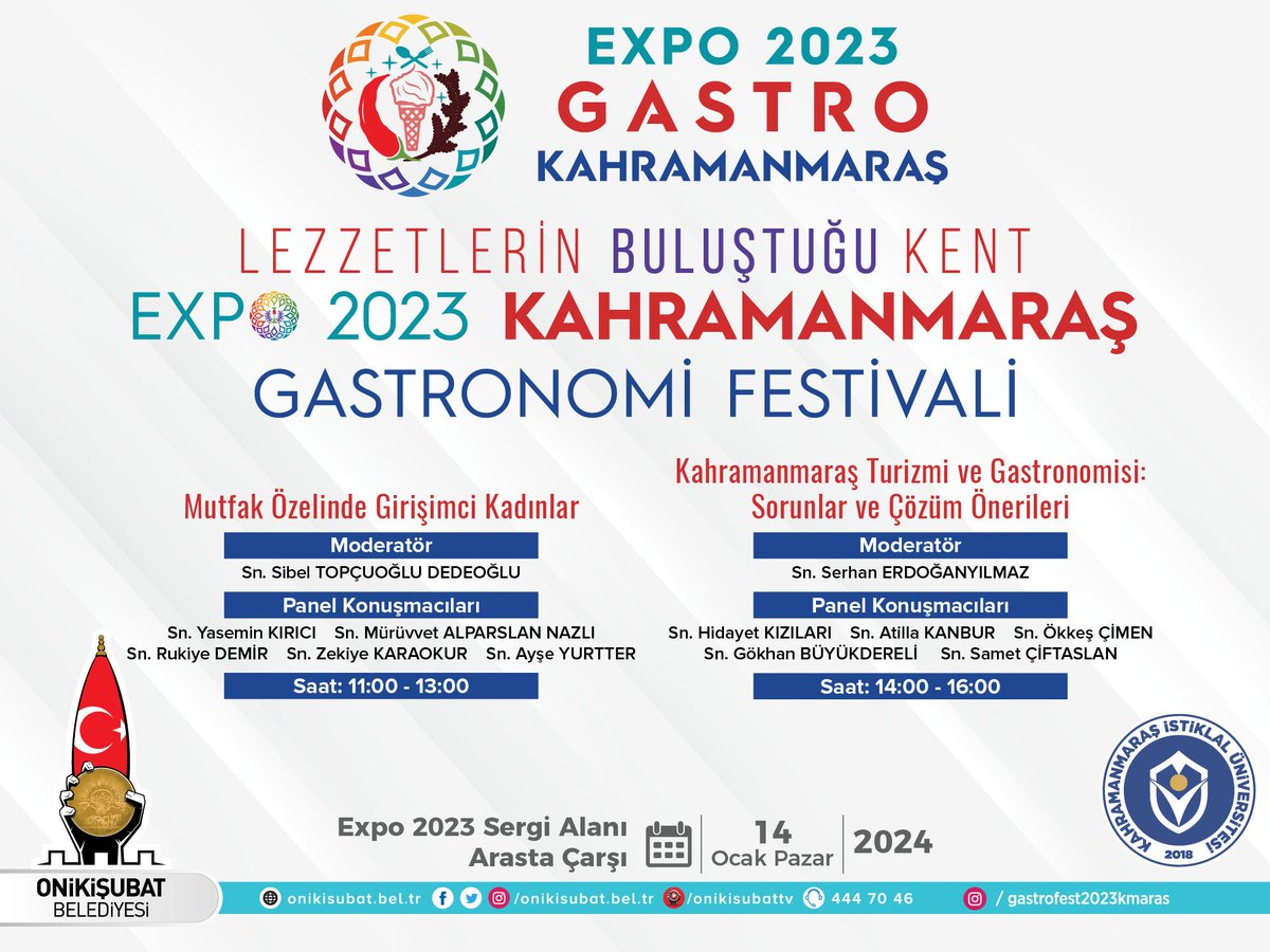 'Lezzetlerin buluştuğu kent: Kahramanmaraş' dedik ve zengin mutfak kültürümüzü geleceğe çok daha güçlü aktarmak amacıyla EXPO 2023 Gastro Kahramanmaraş'ı başlattık. 

Özgün lezzetlerimize, alanında uzman isimlerin katılacağı panellerle ışık tutacağız. 

1⃣ Mutfak Özelinde Girişci