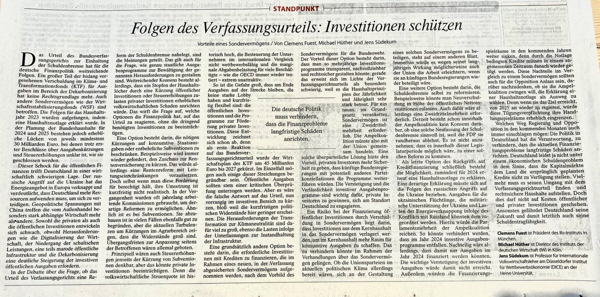 Investitionen schützen - @FuestClemens, @michael_huether und ich deklinieren @faznet die Finanzpolitik nach dem Verfassungsgerichtsurteil durch. Ein Sondervermögen im GG ist unsere bevorzugte Option. Und es läge auch im Interesse der Union, diesen konstruktiven Weg mitzugehen.