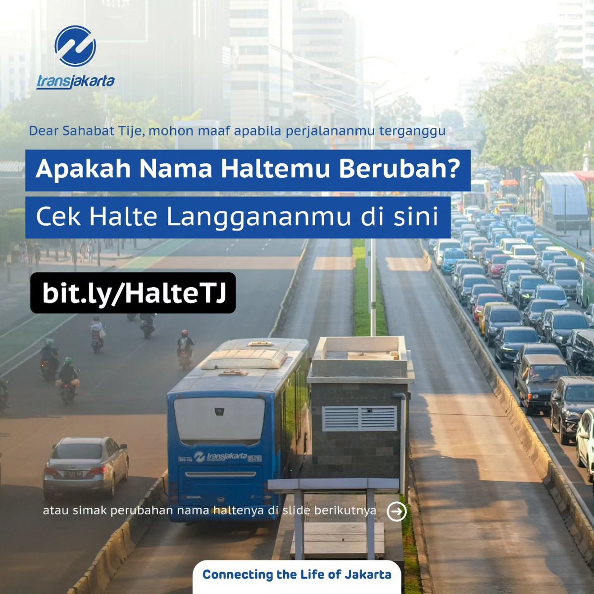 PT_Transjakarta's tweet photo. Sahabat TiJe, mohon maaf apabila perjalananmu terganggu.
Kamu dapat cek informasi penyesuaian beberapa nama halte Transjakarta pada postingan berikut atau pada tautan https://t.co/sTJafs2FmB. https://t.co/44DyEyQ4PU