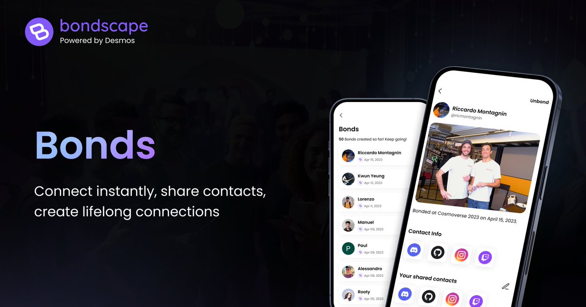 bondscape's tweet photo. Bonds are the secret sauce that lets users effortlessly connect and seamlessly exchange their contacts during events through an on-chain connection. How does it work? Well, users can conveniently scan another user's QR code and decide which contacts to exchange. https://t.co/bD7aB2FtP5