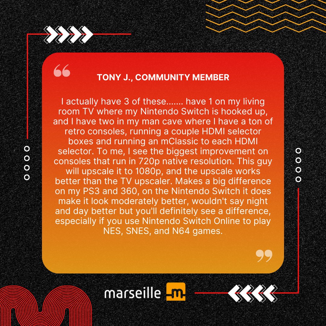 MarseilleInc's tweet photo. Big shoutout to our awesome community member, Tony!
We love seeing our community members enjoy high resolution visuals and improved graphics on any screen – to take their entertainment experience to the next level.
#mClassic #mCable #Gaming #Nintendo #NES #SNES #N64 https://t.co/ioNGoYx7gK
