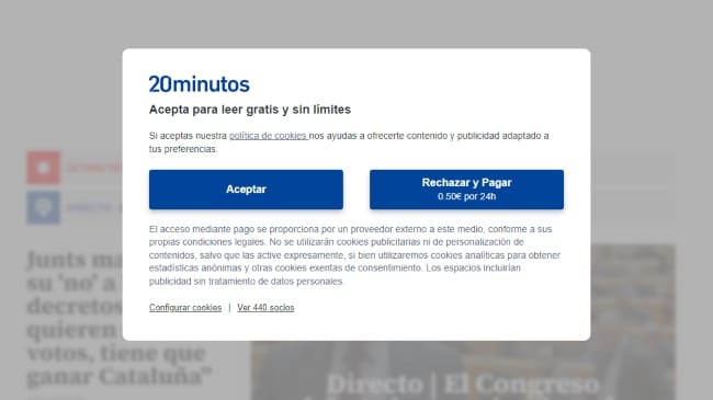 elhackernet's tweet photo. En España los medios comienzan a cobrar desde hoy a los usuarios que no acepten las cookies

Ante el temor de perder ingresos publicitarios,están instalando cookiewalls

ElEspañol, ElConfidencial, https://t.co/b1hdpK6duT, ElDebate, 20Minutos, OKDiario
https://t.co/Q9JEmjSLbm https://t.co/MvskjrylnA