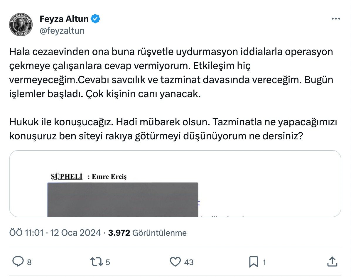 e_ercis's tweet photo. Ben aslanlar gibi ifademi veririm Sn Feyza Altun. Ama lütfen sizde en azından size inananlar için hakkınızda yazdıklarıma bir cevap verin...! Gününüz güzel geçsin diyeceğim ama..... İnşaallah gün içinde kötü bir haber almazsınız. İçimde bir his var çünkü. Bu arada 'Etkileşim' demişken benim sizin gibi sosyal medyadan para kazanma seçeneklerim açık değil. 21 Ağustos 2023 tarihinde de 591105 faaliyet koduyla 'VİDEO İÇERİKLERİNİN YAPIM VE YAYIN FAALİYETLERİ (ÖRN.: FENOMENLER (İNFLUENCERLAR) VE VLOGGERLAR TARAFINDAN)' vergi mükellefi olmadım. 'Etkileşim' bana değil size para kazandırır, bence deneyin 🙃
