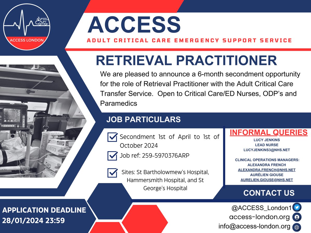 🚨Calling all Critical Care/ED Nurses, ODPs, and Paramedics! ACCESS is open to applications for a 6-month secondment! Apply now and join the team! 📆🌟Application deadline 28/01/24 #ACCTS #Criticalcaremedicine #ITUNurses #ODPs #Paramedics #ACCESS1 #LAS 
bartshealth.nhs.uk/jobs?ref=Unive…
