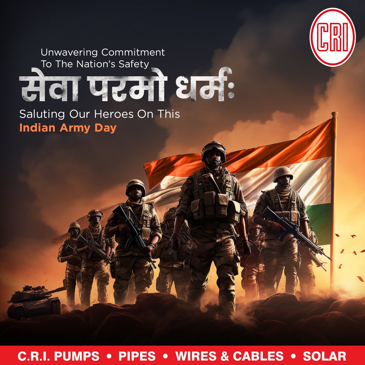 cri_groups's tweet photo. Saluting our soldiers this Indian Army Day. Their dedication to 'Sewa Paramo Dharma' inspires our path at C.R.I. – a journey of service and quality.

#CRIPumps #cri #CRIGroups #IndianArmyDay #IndianArmy #sewaparmodharma #Service #soldiers #Indian https://t.co/0B0Q0bF2th