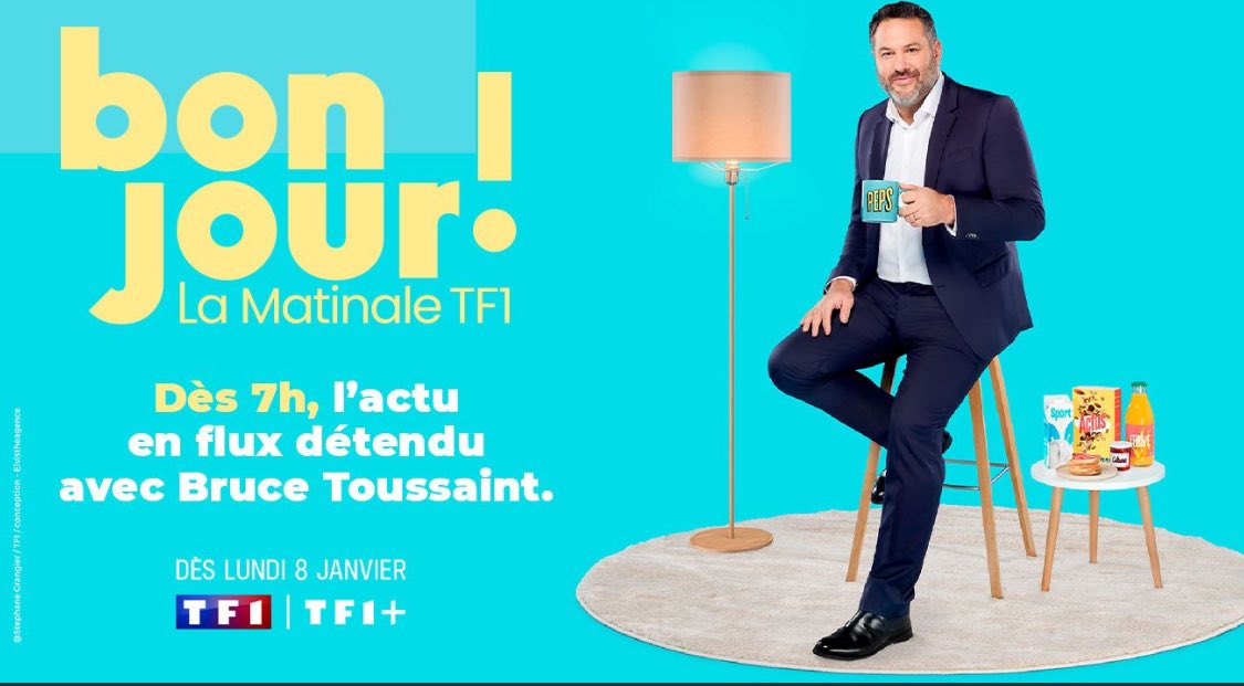 #Audiences @TF1 @TF1Info l #BonjourLaMatinaleTF1 Belles performances pour 'Bonjour ! La Matinale TF1' présentée par @Bruce_Toussaint de 7h à 9h30 📌300 000 Tvsp 🔝Pic à 400 000 Tvsp ✅9% de PdA 4+ 📈x2 sur la case vs. 2023 🥇Leader FRDA ✅12.2%