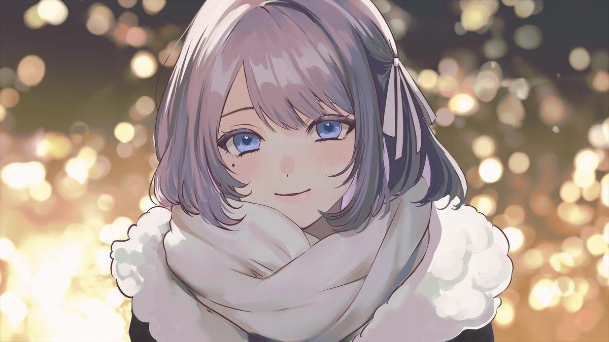 1girl solo blue eyes smile mole under eye scarf looking at viewer  illustration images