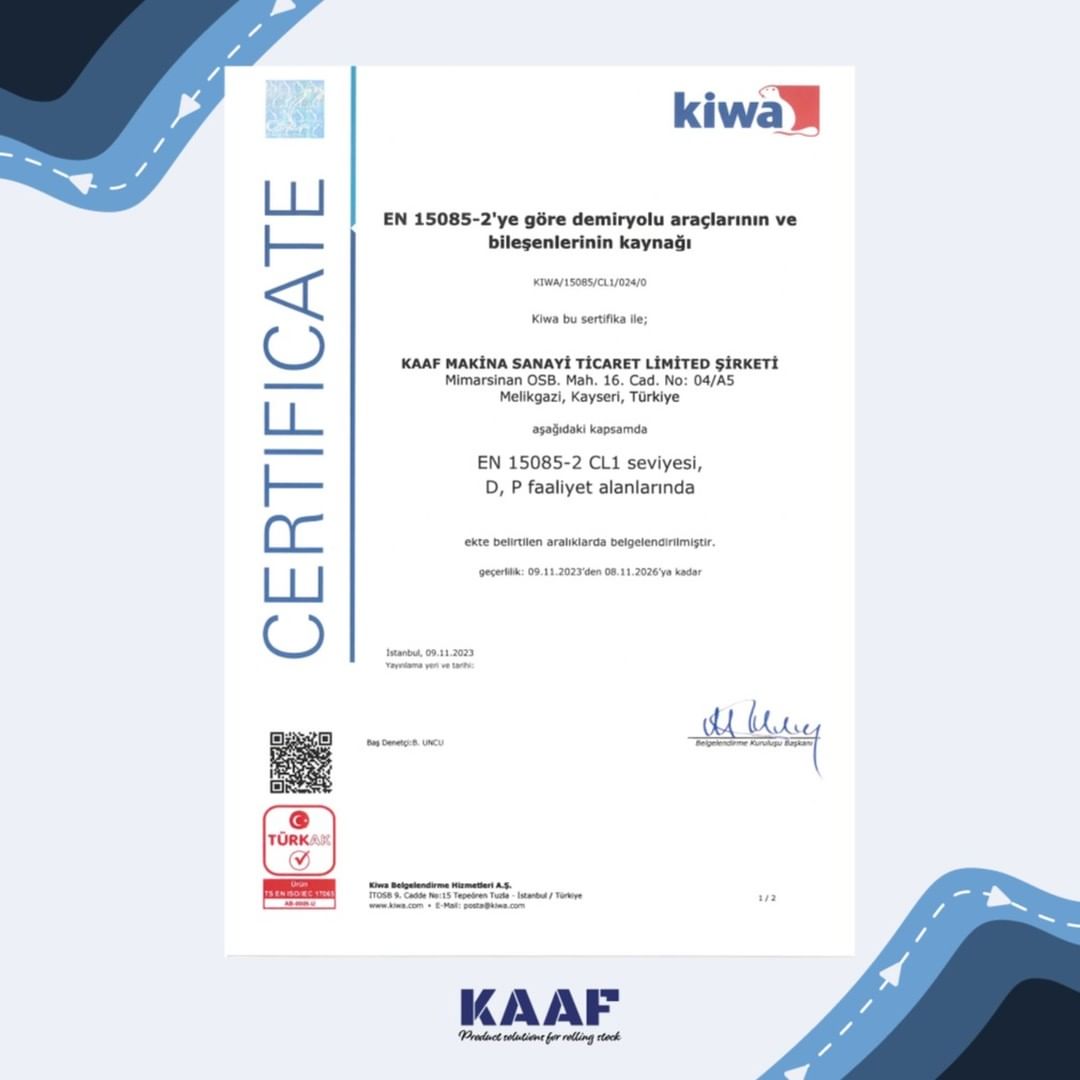 kaafrail's tweet photo. ISO 3834-2 ve EN 15085-2 CL1 normları uyarınca yürütmekte olduğumuz demiryolu kaynaklı imalat prosedürlerini etkili bir şekilde uygulamakta olduğumuzu @Kiwa_global sertifikasyon kuruluşu tarafından sertifikalandırarak tescillemiştir.

#kaaf #kiwa #certification https://t.co/fuRxHM3q3q