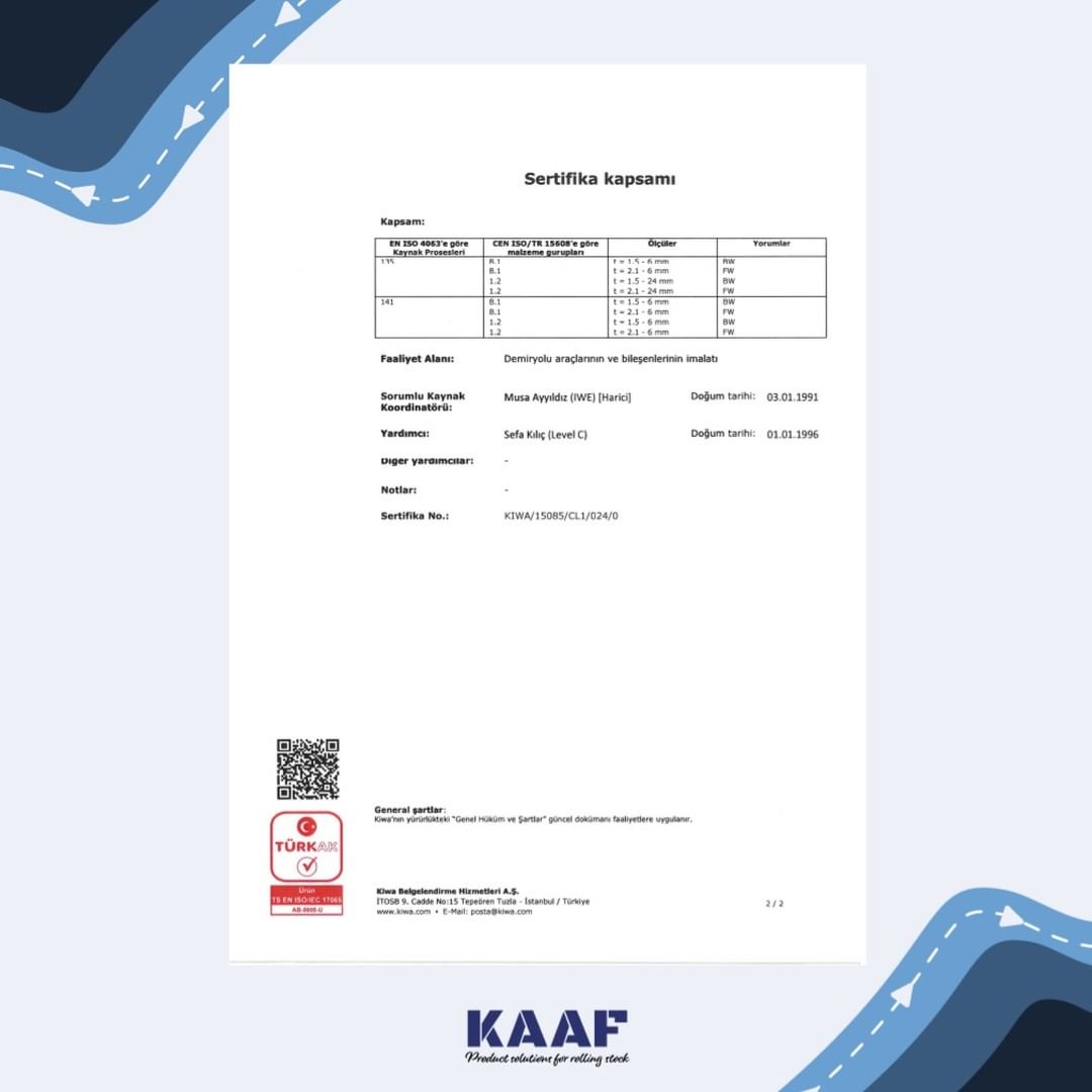 kaafrail's tweet photo. ISO 3834-2 ve EN 15085-2 CL1 normları uyarınca yürütmekte olduğumuz demiryolu kaynaklı imalat prosedürlerini etkili bir şekilde uygulamakta olduğumuzu @Kiwa_global sertifikasyon kuruluşu tarafından sertifikalandırarak tescillemiştir.

#kaaf #kiwa #certification https://t.co/fuRxHM3q3q