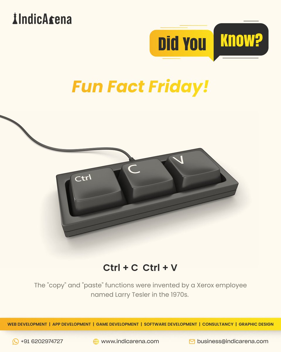 indicarena's tweet photo. Did you know? The iconic Ctrl+C Ctrl+V shortcut we use daily was invented by a genius working in a Xerox center! #FunFactFriday #Startupbihar #IndicArena #Friday https://t.co/Ujtcyi6bci