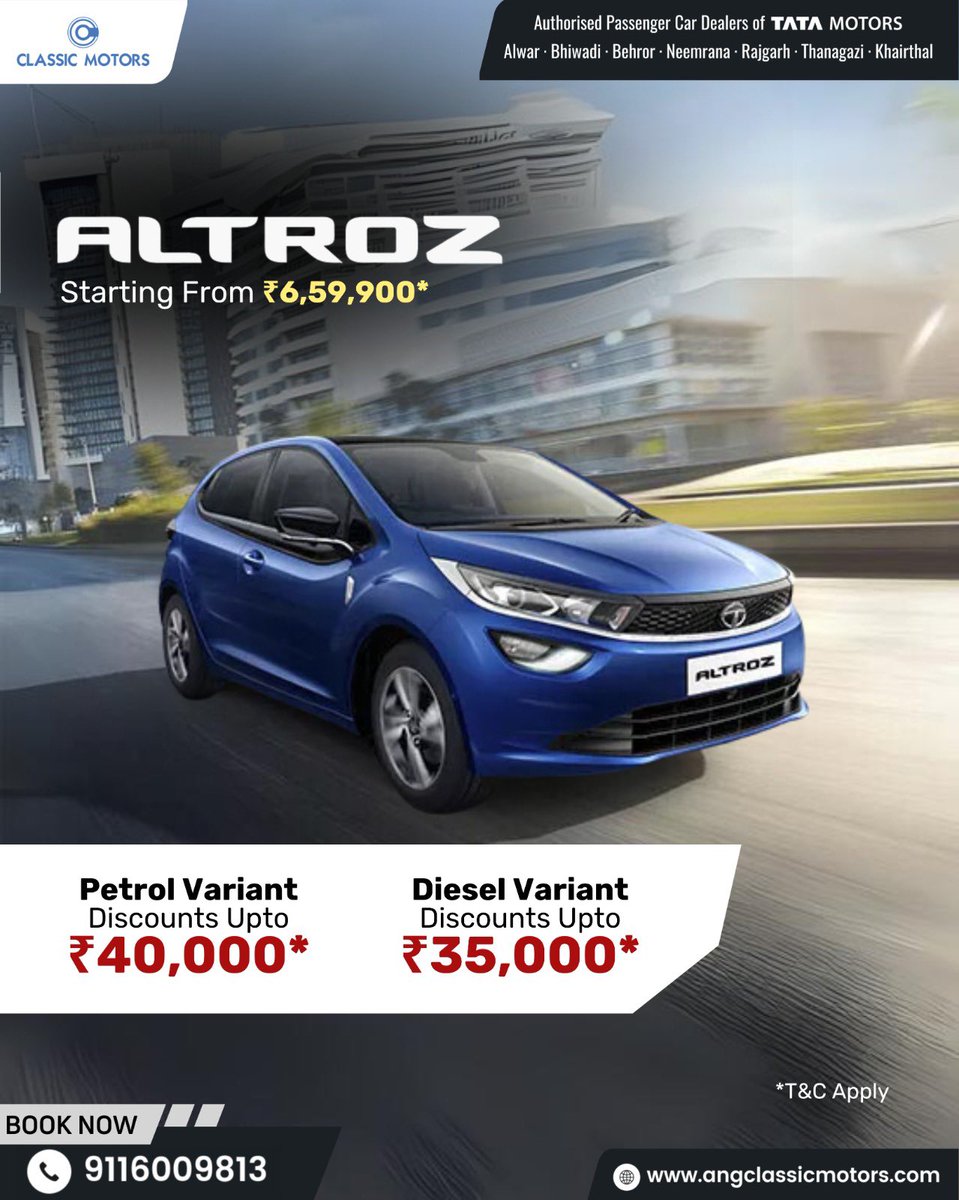 Driving into the future with style and sophistication in the Tata Altroz.
Discounts like NEVER BEFORE, only with CLASSIC MOTORS.

Book your test drive today: 9116009813

#tatamotors #classicmotors #TataAltroz #FamilyCar #SafeJourneys #AltrozAdventures #StylishDriving #CarLove